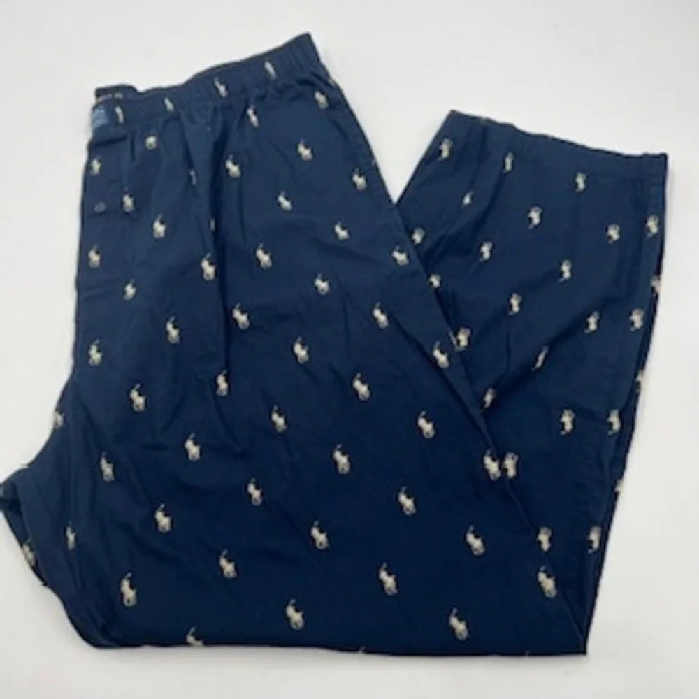 Polo Ralph Lauren Mens Pajama Pants XL Navy Blue Tan Pony Logo Cotton Lounge